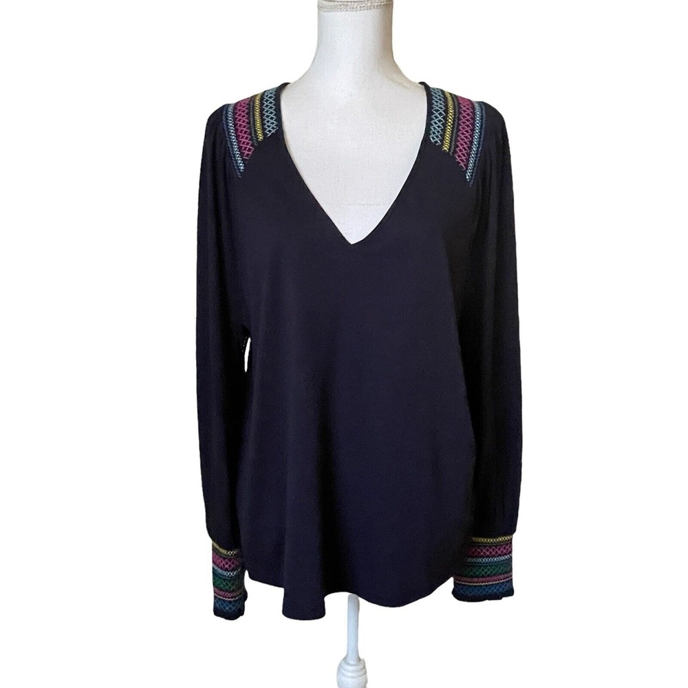 Boden Isabel Embroidered Top Navy Smocked V-Neck Jersey Knit Top